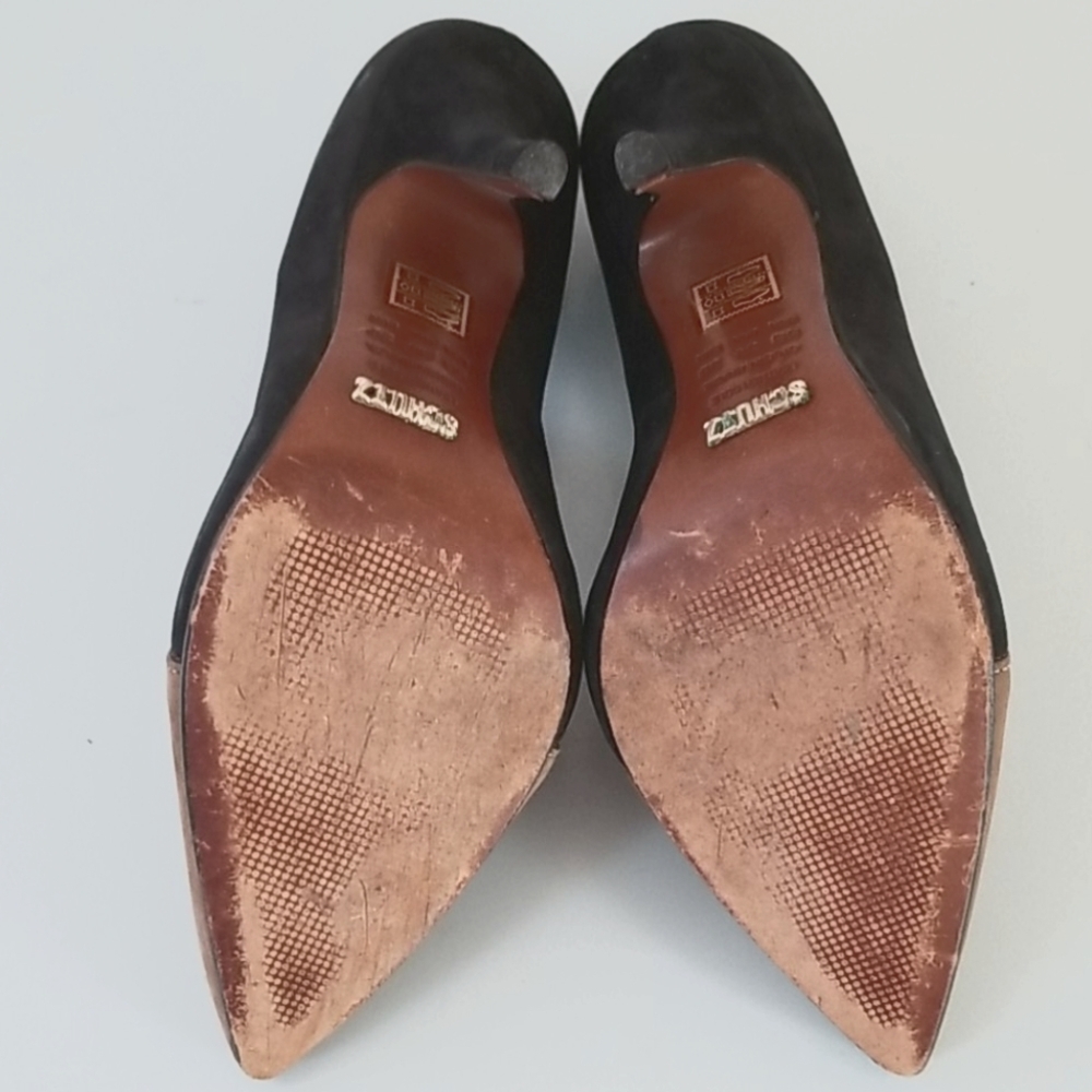 Schutz Black & Tan Pointy Toe Loafer Suede Pumps - Picture 10 of 14